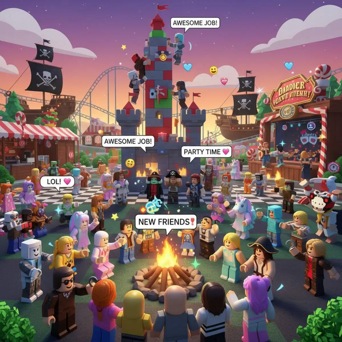 Diverse Roblox avatars interacting in a popular game, with chat bubbles and positive emotes.