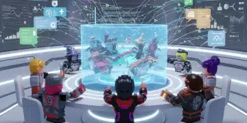 Roblox developers collaborating on a holographic game project