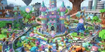 Vibrant Roblox game world with diverse avatars and interactive elements, demonstrating engaging design.