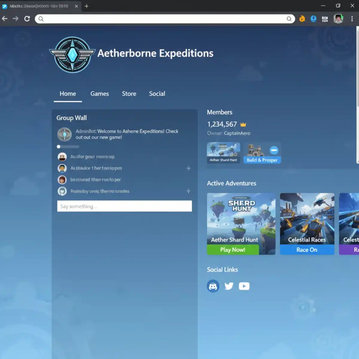 Screenshot of a well-organized Roblox group page with high member count and engaging content.