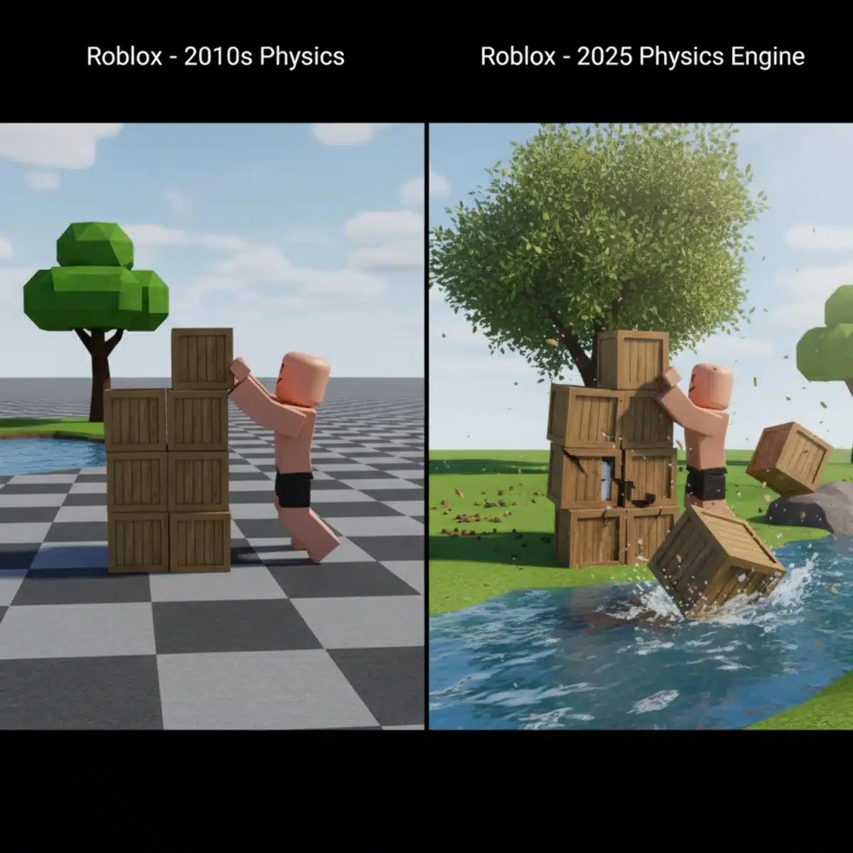 Comparison of old vs. new Roblox physics engine in action, showing improved realism.