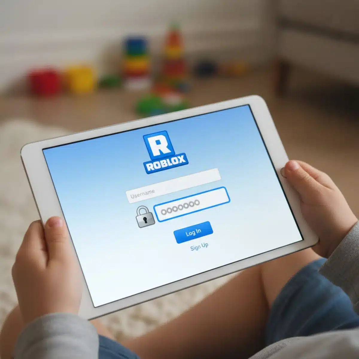 Child's hands on tablet showing secure Roblox login with strong password highlighted.