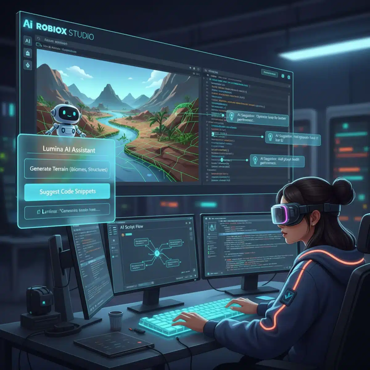 Roblox Studio interface with AI assistant generating game assets