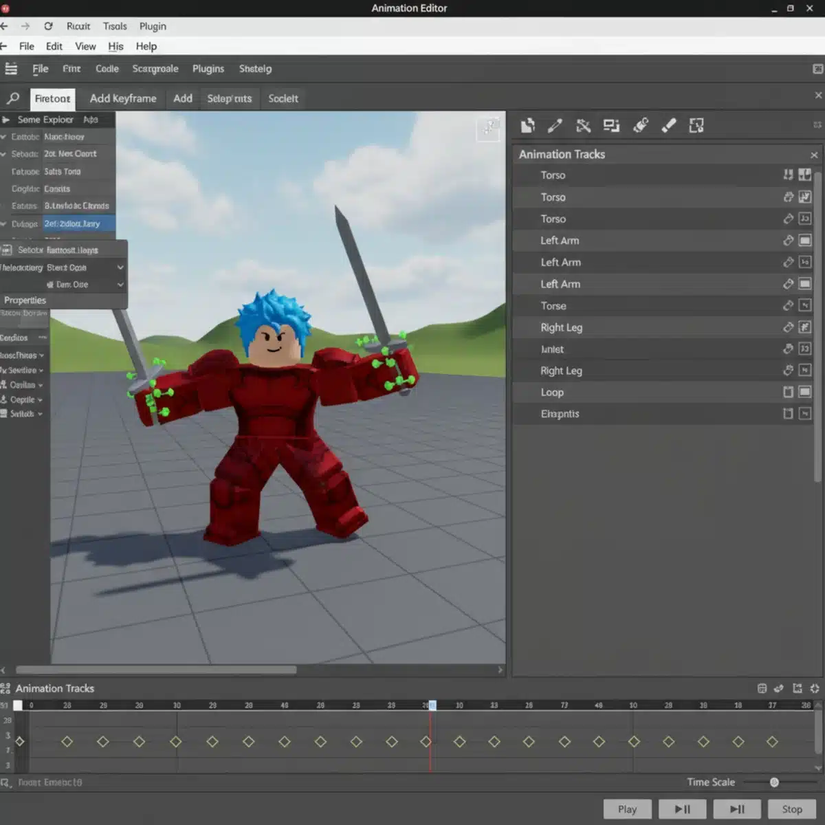 Roblox Studio animation editor interface with character model and keyframe timeline.