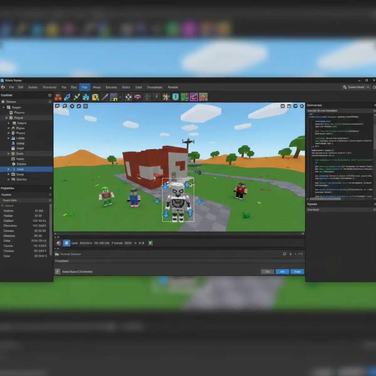 Roblox Studio interface showing code and 3D model manipulation for game development.
