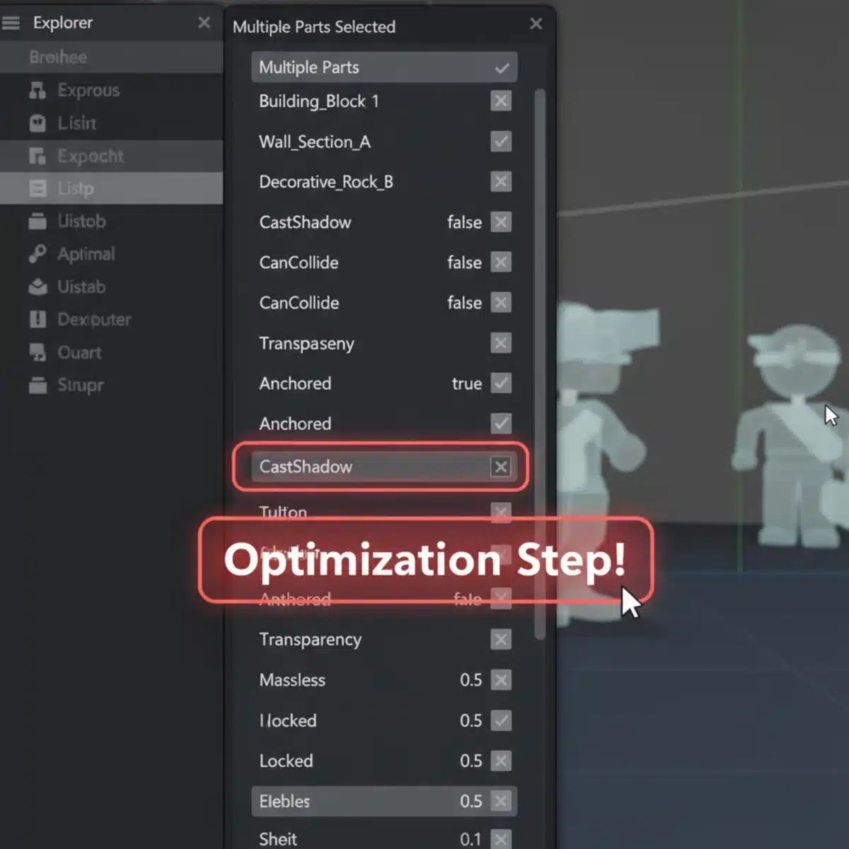 Roblox Studio properties panel showing optimization settings for game objects.