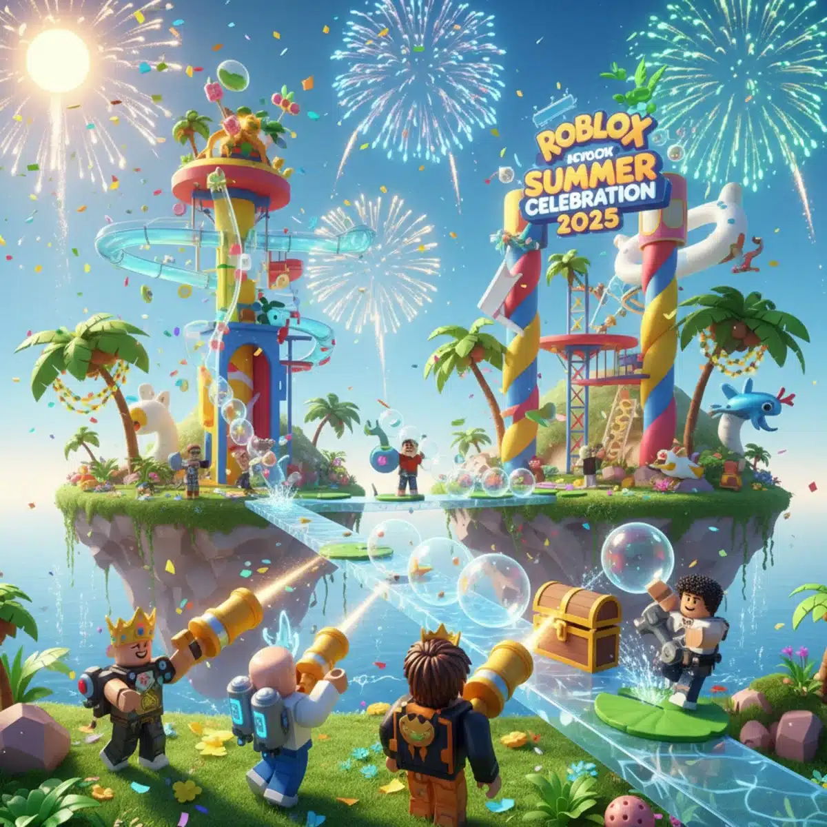 Roblox players collaborating in a summer event mini-game 2025