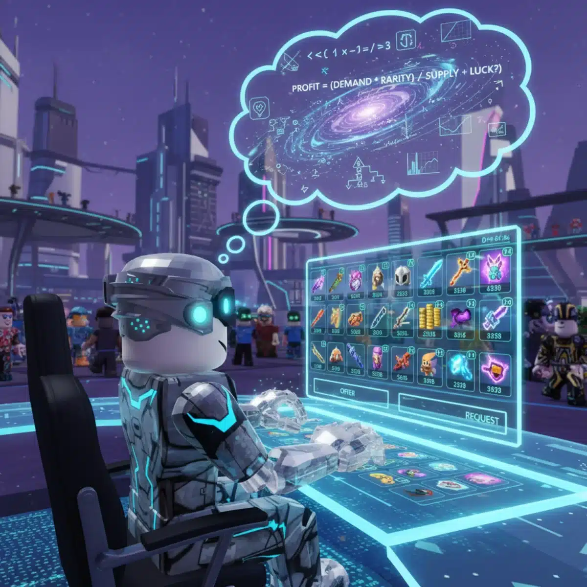 Roblox avatar analyzing trade offers for rare virtual items