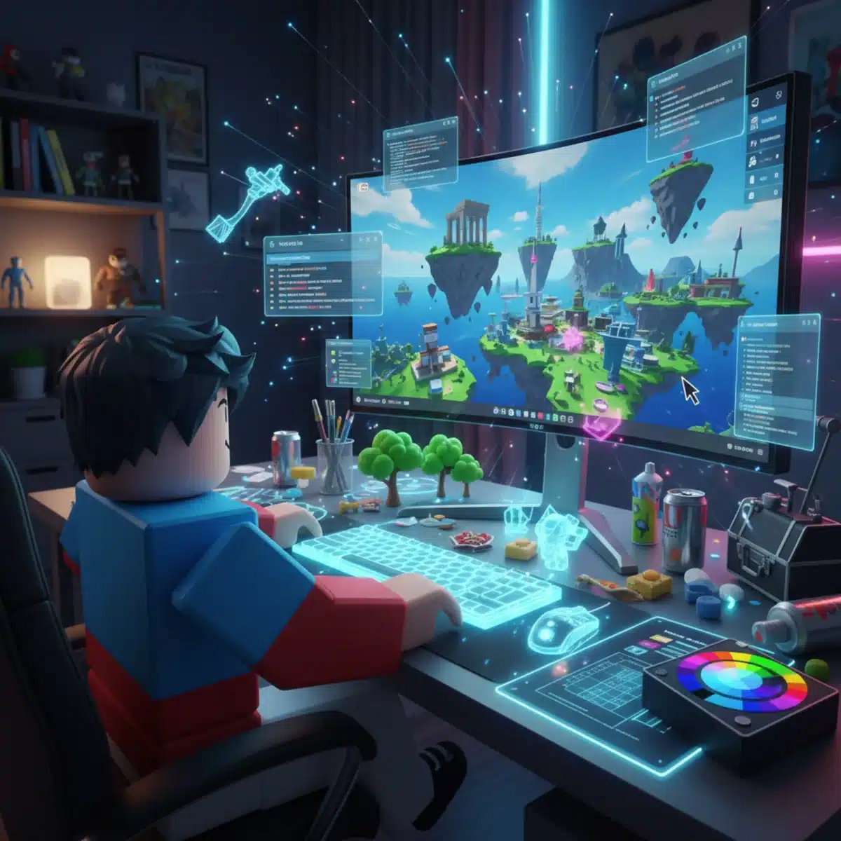 Roblox avatar building a detailed virtual world on a computer screen, surrounded by creative tools.