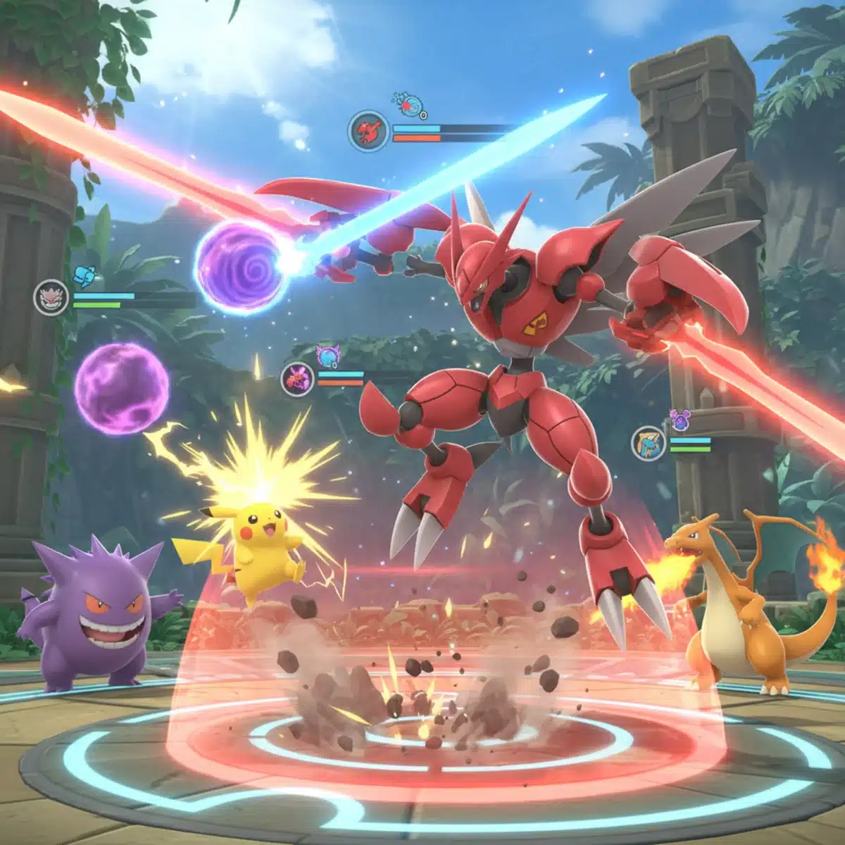 Scizor in Pokémon Unite mid-combat, demonstrating agility and offensive pressure against multiple foes.