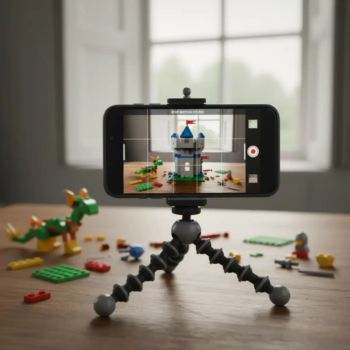 Smartphone on tripod capturing a Lego stop motion scene
