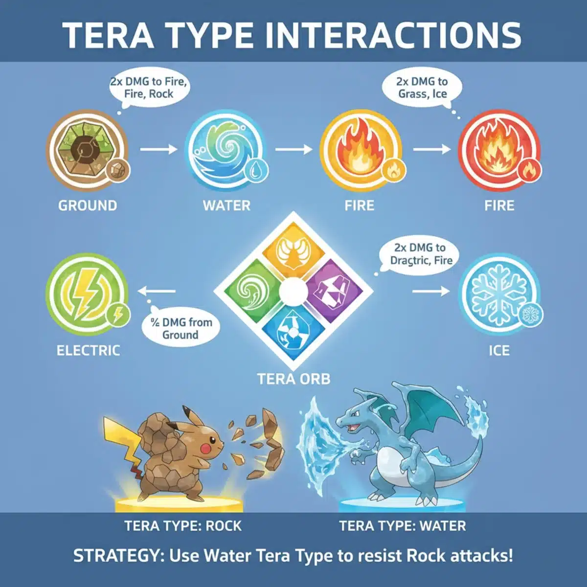 Infographic explaining Pokémon Tera Types and their elemental interactions