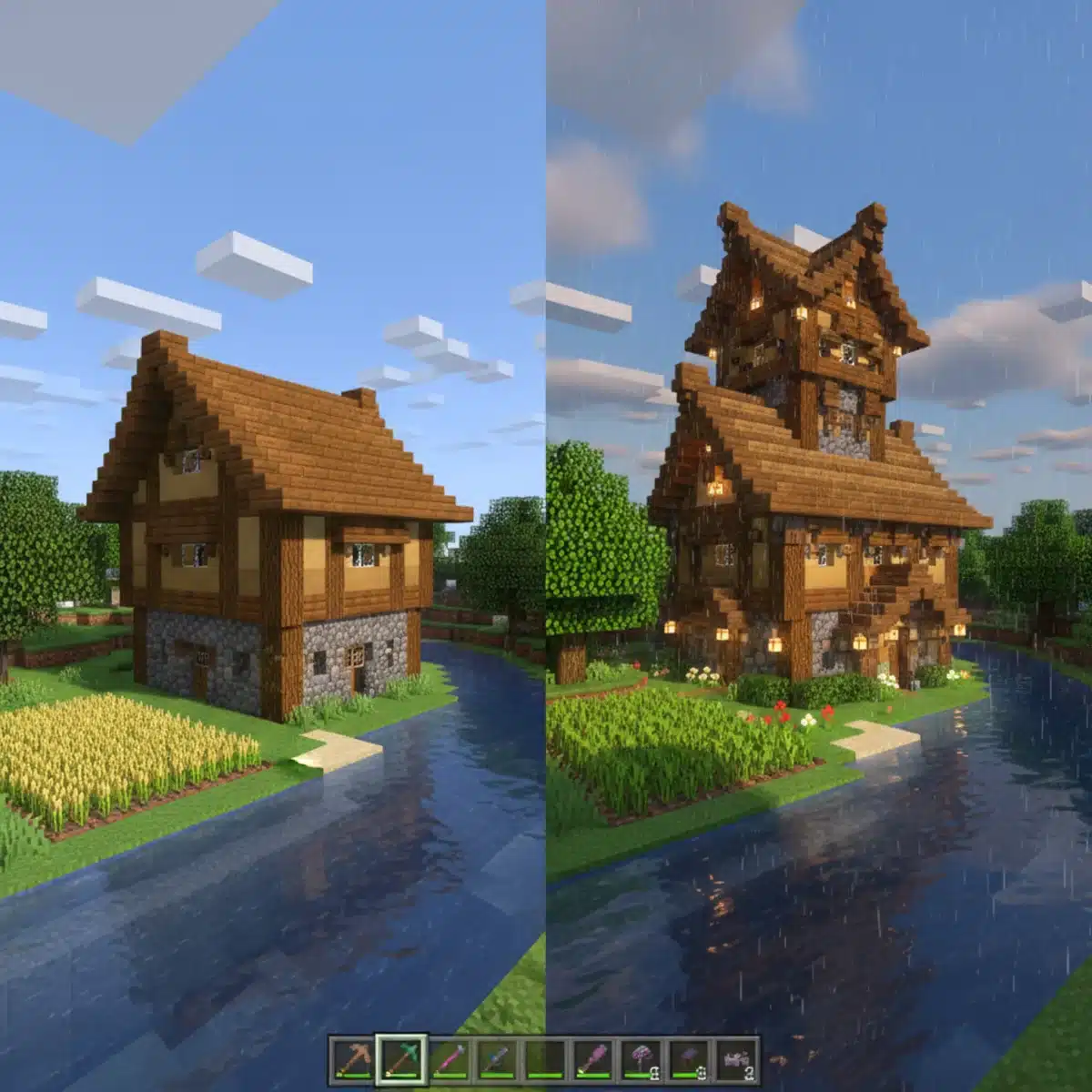 Comparison of vanilla Minecraft versus a heavily modded Minecraft world with enhanced graphics.