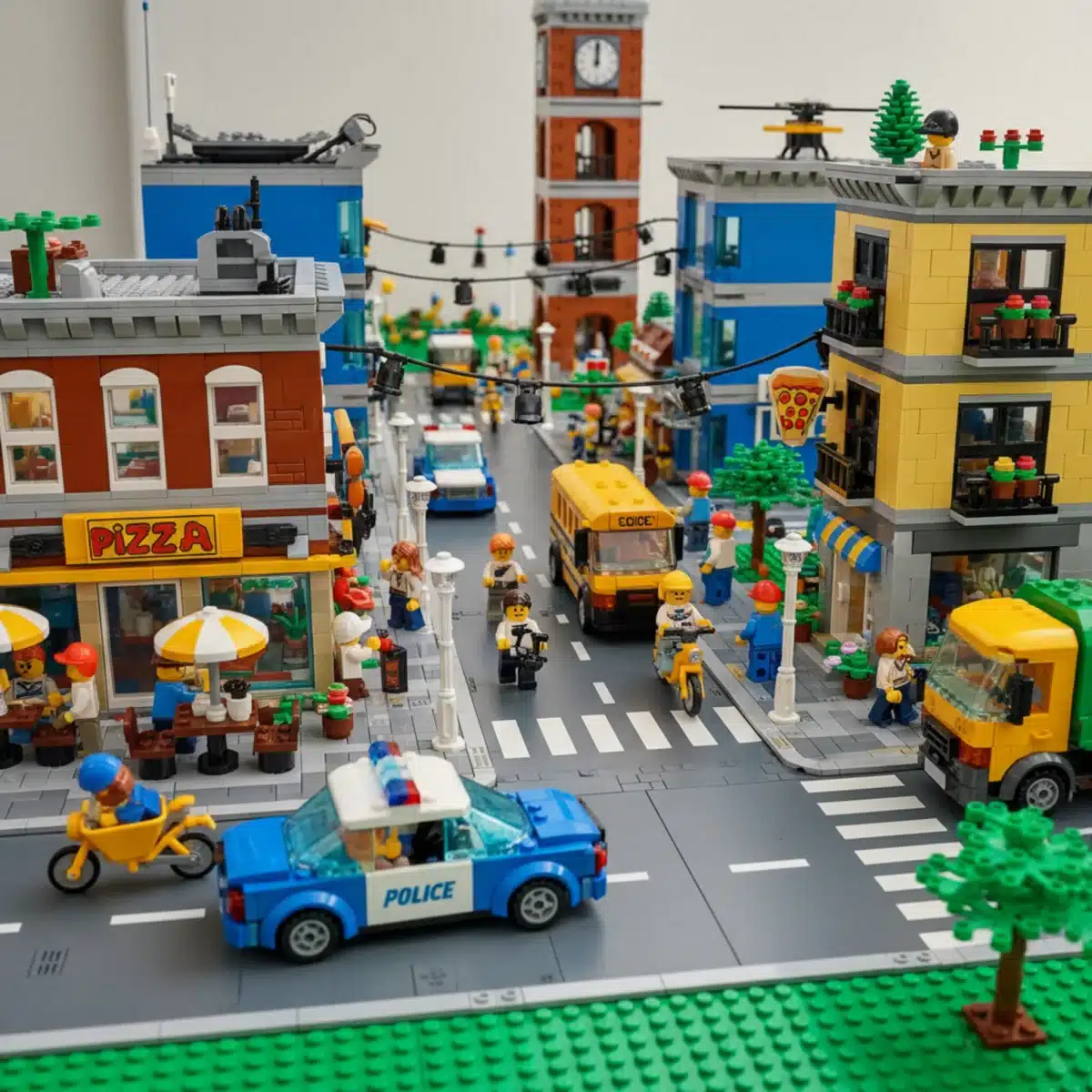 Vibrant and detailed section of a completed Lego City layout