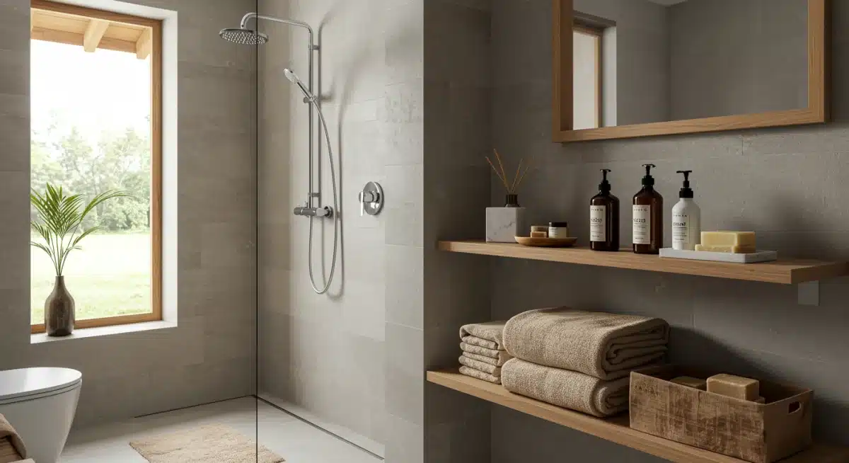 Eco-friendly bathroom with low-flow showerhead and bamboo accessories