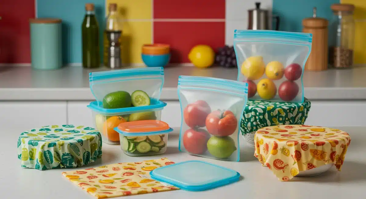 Reusable silicone food bags and beeswax wraps for sustainable food storage