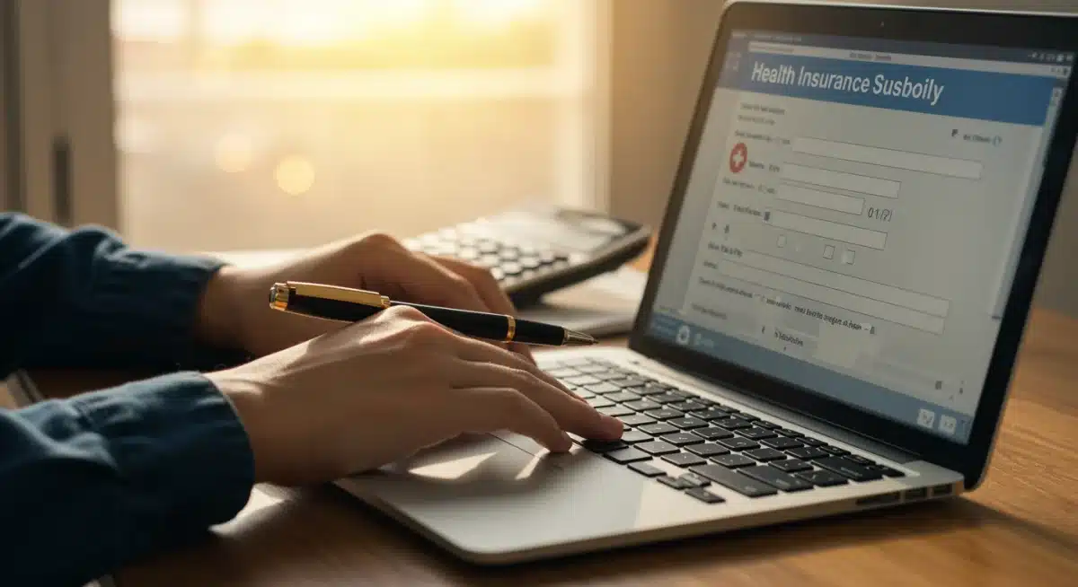 Hands completing online application for healthcare subsidies with calculator.